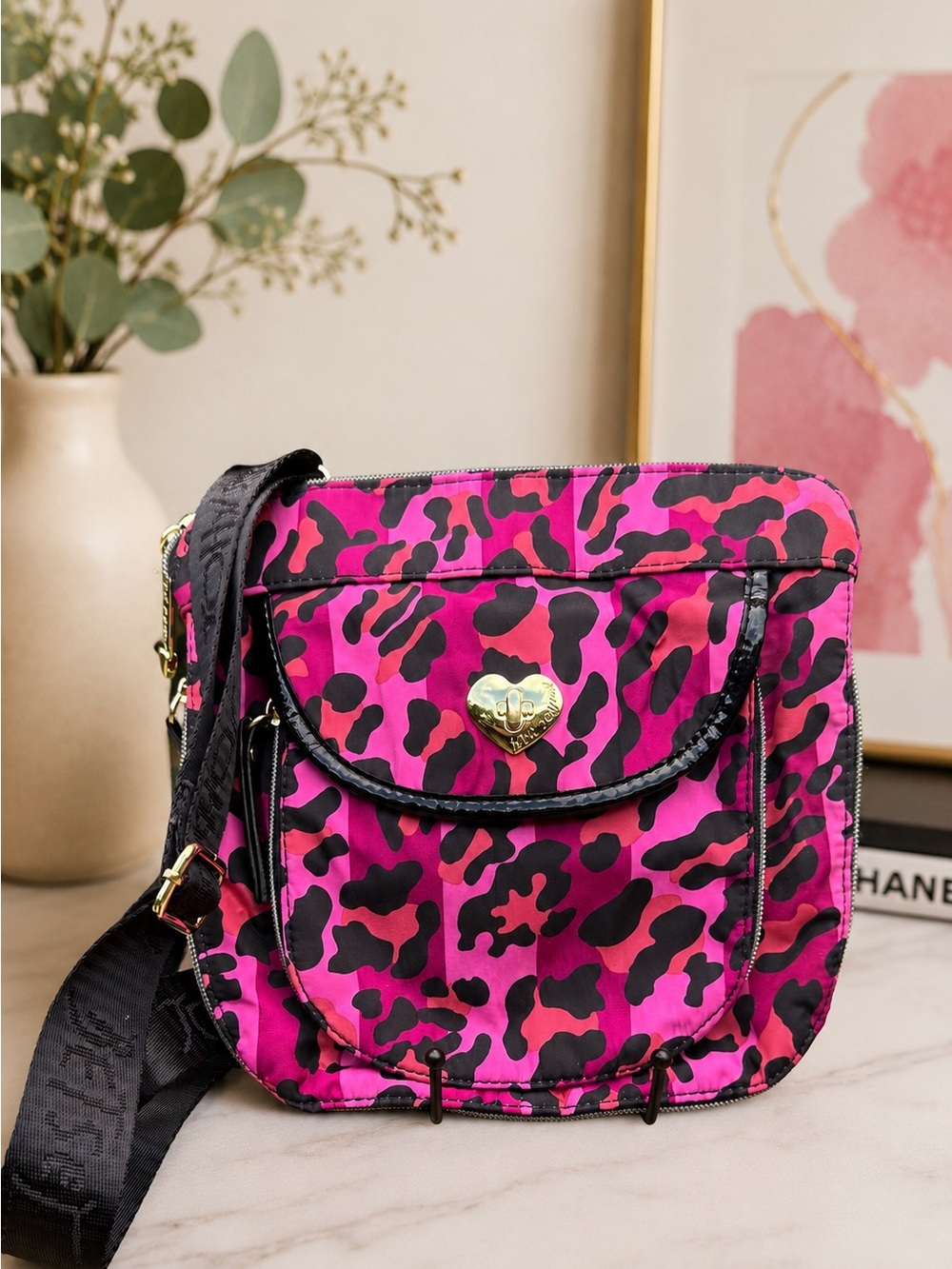 Betsey Johnson Pink and Black Leopard Crossbody with Gold Heart Lock